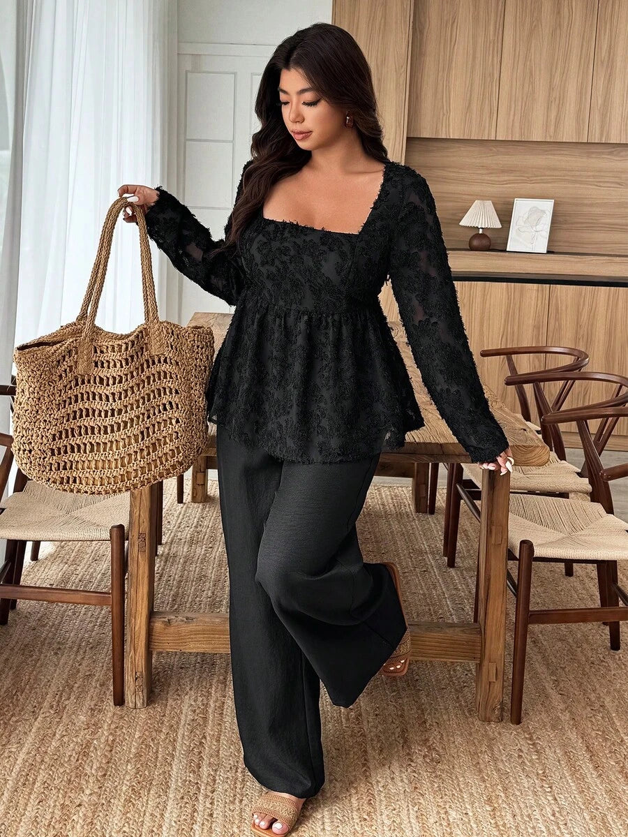 Breezaya 2pcs Plus Size Women Square Neck Ruffle Hem Floral Decor Long Sleeve Top And Pants Set Fall/Winter