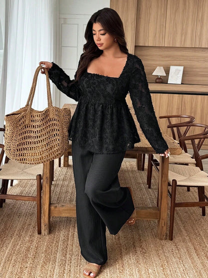 Breezaya 2pcs Plus Size Women Square Neck Ruffle Hem Floral Decor Long Sleeve Top And Pants Set Fall/Winter
