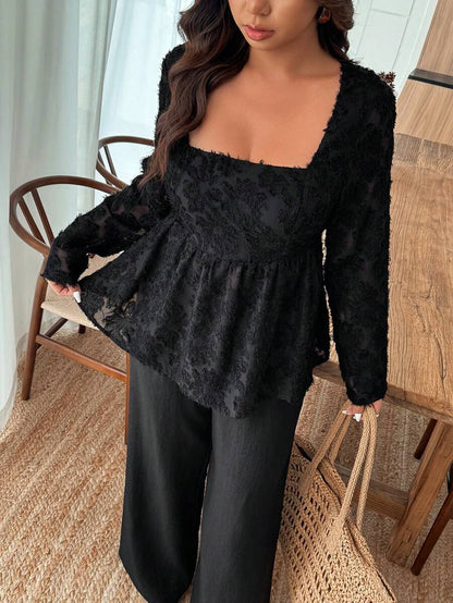Breezaya 2pcs Plus Size Women Square Neck Ruffle Hem Floral Decor Long Sleeve Top And Pants Set Fall/Winter