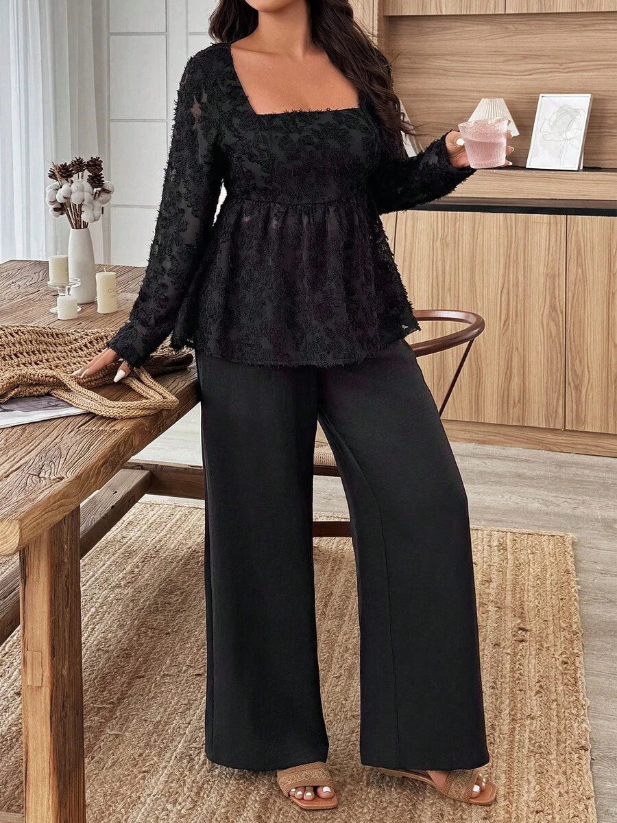 Breezaya 2pcs Plus Size Women Square Neck Ruffle Hem Floral Decor Long Sleeve Top And Pants Set Fall/Winter