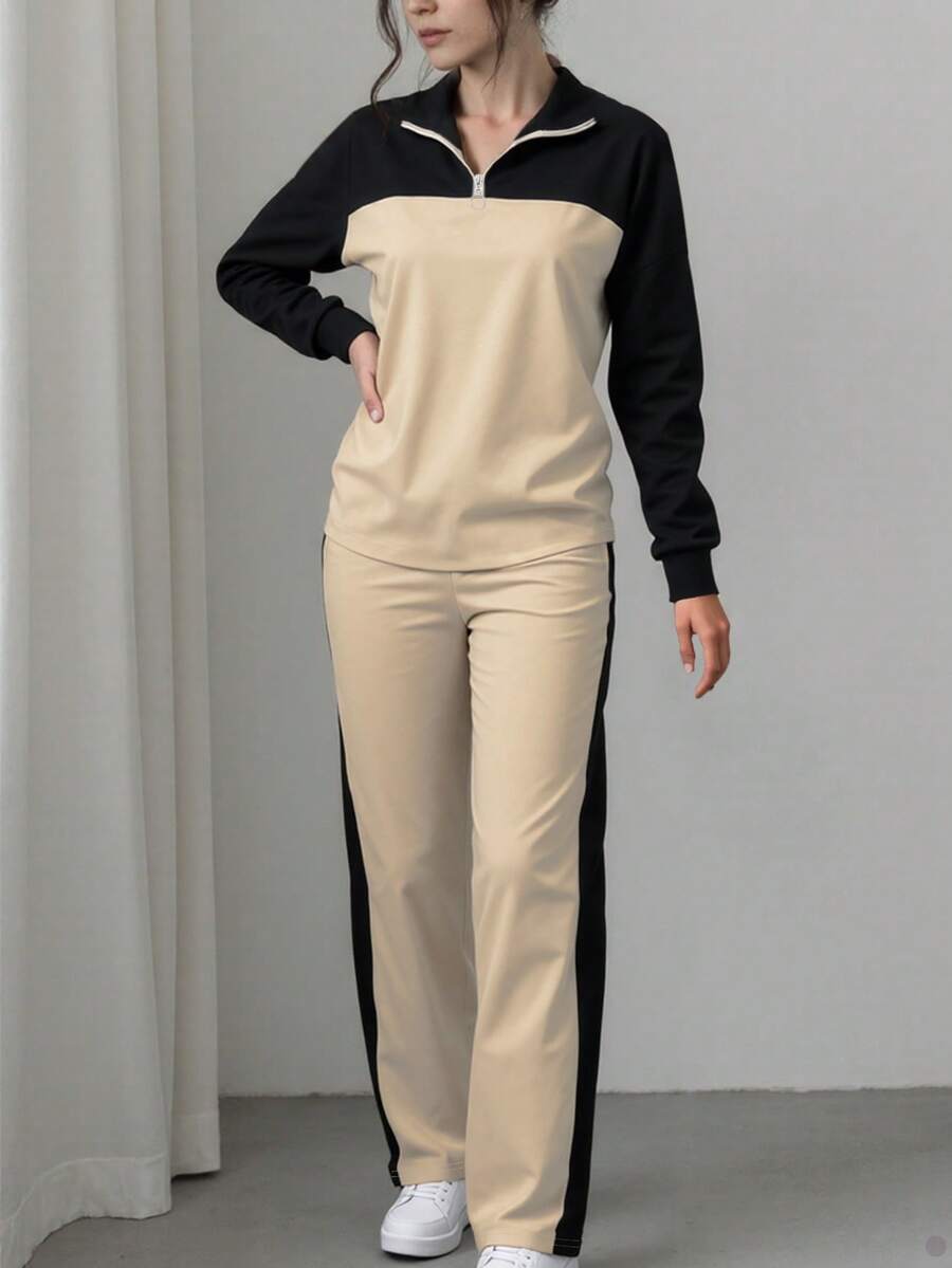Women's Casual Set, Collared Loose Top And Wide Leg Pants 2 Pieces Outfit, Autumn/Winter Spring Elegant