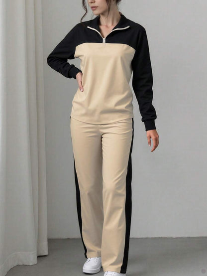 Women's Casual Set, Collared Loose Top And Wide Leg Pants 2 Pieces Outfit, Autumn/Winter Spring Elegant