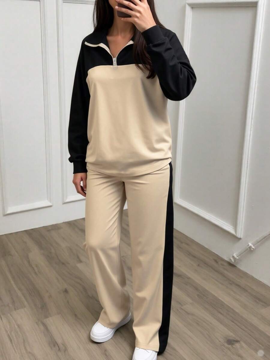Women's Casual Set, Collared Loose Top And Wide Leg Pants 2 Pieces Outfit, Autumn/Winter Spring Elegant
