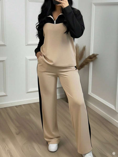 Women's Casual Set, Collared Loose Top And Wide Leg Pants 2 Pieces Outfit, Autumn/Winter Spring Elegant