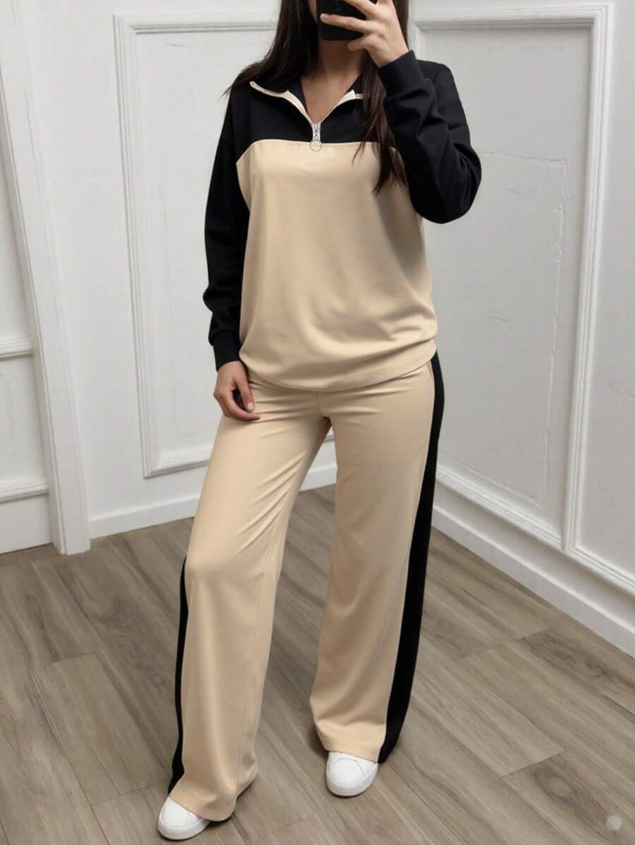 Women's Casual Set, Collared Loose Top And Wide Leg Pants 2 Pieces Outfit, Autumn/Winter Spring Elegant