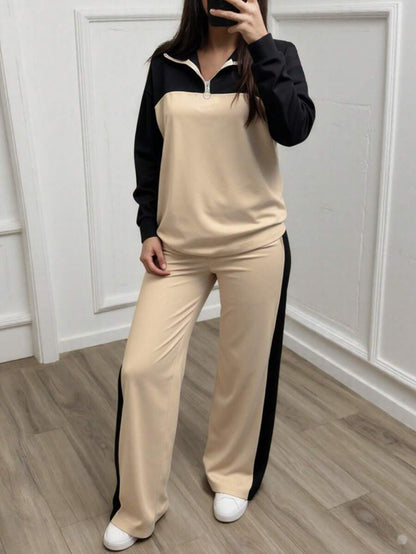 Women's Casual Set, Collared Loose Top And Wide Leg Pants 2 Pieces Outfit, Autumn/Winter Spring Elegant