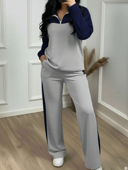 Women's Casual Set, Collared Loose Top And Wide Leg Pants 2 Pieces Outfit, Autumn/Winter Spring Elegant