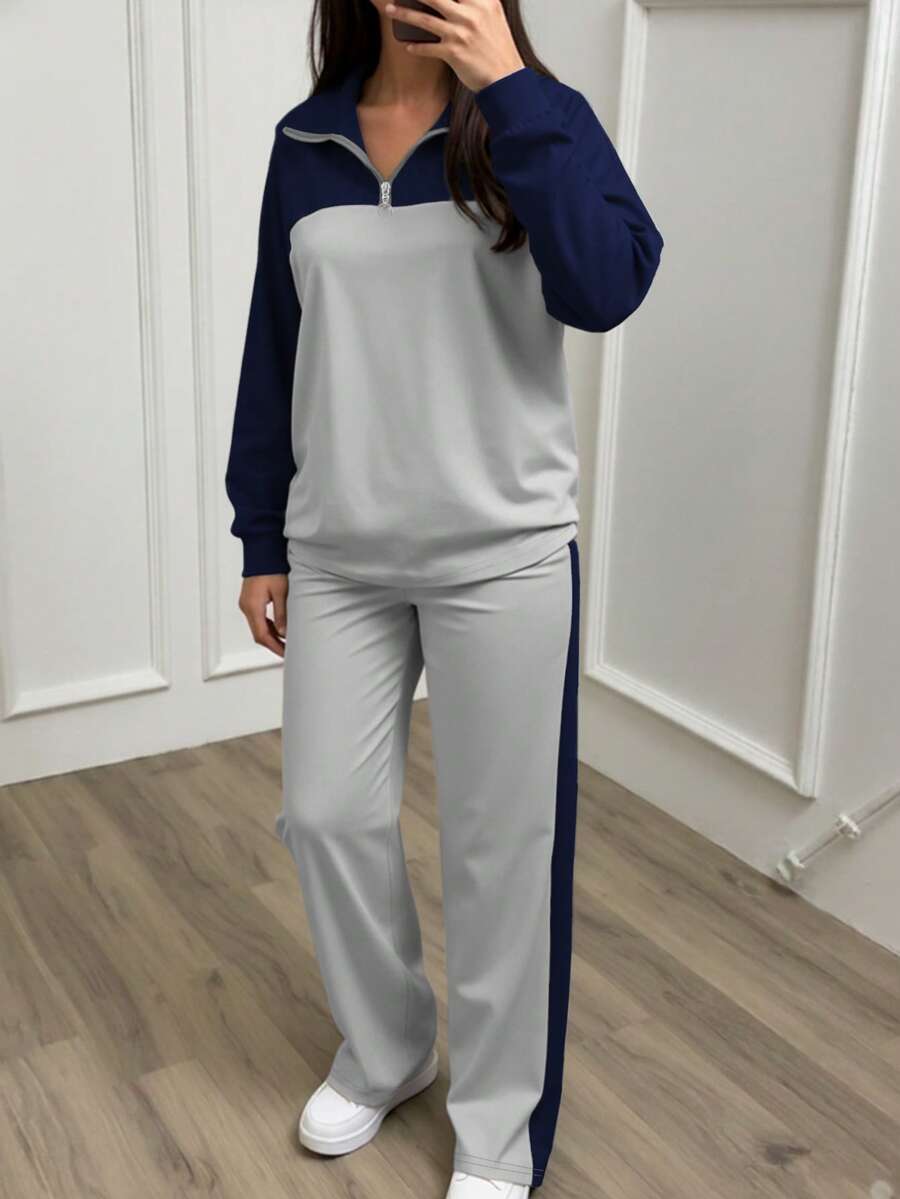 Women's Casual Set, Collared Loose Top And Wide Leg Pants 2 Pieces Outfit, Autumn/Winter Spring Elegant