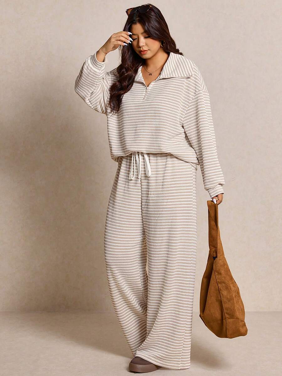 Elaquor Plus Size Women's Side Stripe Zipper Design Sweatshirt And Wide Leg Pants Casual Daily Going Out 2 Pieces Set For Women Fall/Winter Casual Work Sets