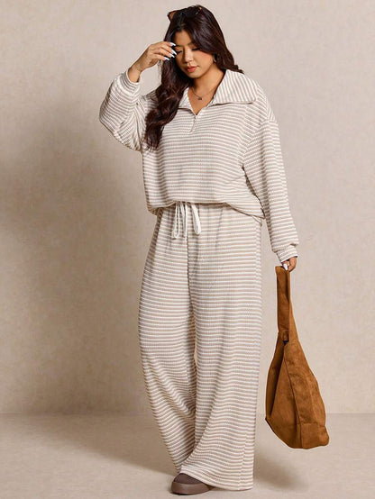 Elaquor Plus Size Women's Side Stripe Zipper Design Sweatshirt And Wide Leg Pants Casual Daily Going Out 2 Pieces Set For Women Fall/Winter Casual Work Sets