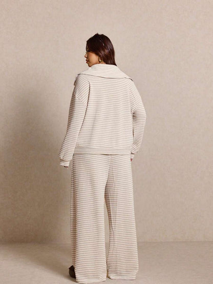 Elaquor Plus Size Women's Side Stripe Zipper Design Sweatshirt And Wide Leg Pants Casual Daily Going Out 2 Pieces Set For Women Fall/Winter Casual Work Sets