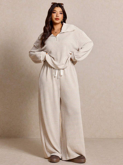 Elaquor Plus Size Women's Side Stripe Zipper Design Sweatshirt And Wide Leg Pants Casual Daily Going Out 2 Pieces Set For Women Fall/Winter Casual Work Sets