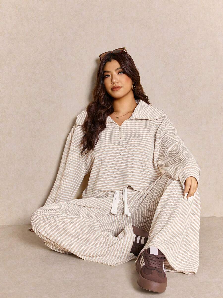 Elaquor Plus Size Women's Side Stripe Zipper Design Sweatshirt And Wide Leg Pants Casual Daily Going Out 2 Pieces Set For Women Fall/Winter Casual Work Sets