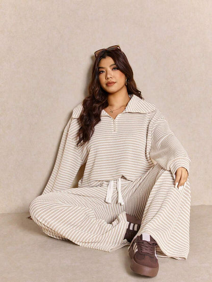 Elaquor Plus Size Women's Side Stripe Zipper Design Sweatshirt And Wide Leg Pants Casual Daily Going Out 2 Pieces Set For Women Fall/Winter Casual Work Sets