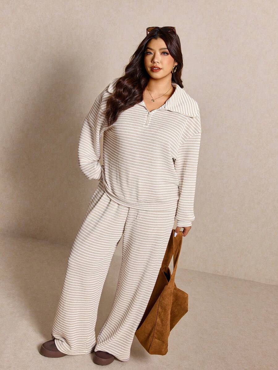 Elaquor Plus Size Women's Side Stripe Zipper Design Sweatshirt And Wide Leg Pants Casual Daily Going Out 2 Pieces Set For Women Fall/Winter Casual Work Sets