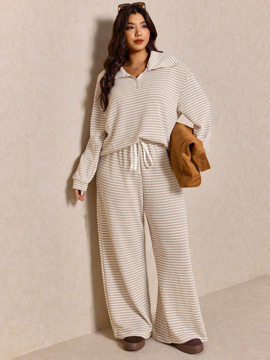 Elaquor Plus Size Women's Side Stripe Zipper Design Sweatshirt And Wide Leg Pants Casual Daily Going Out 2 Pieces Set For Women Fall/Winter Casual Work Sets