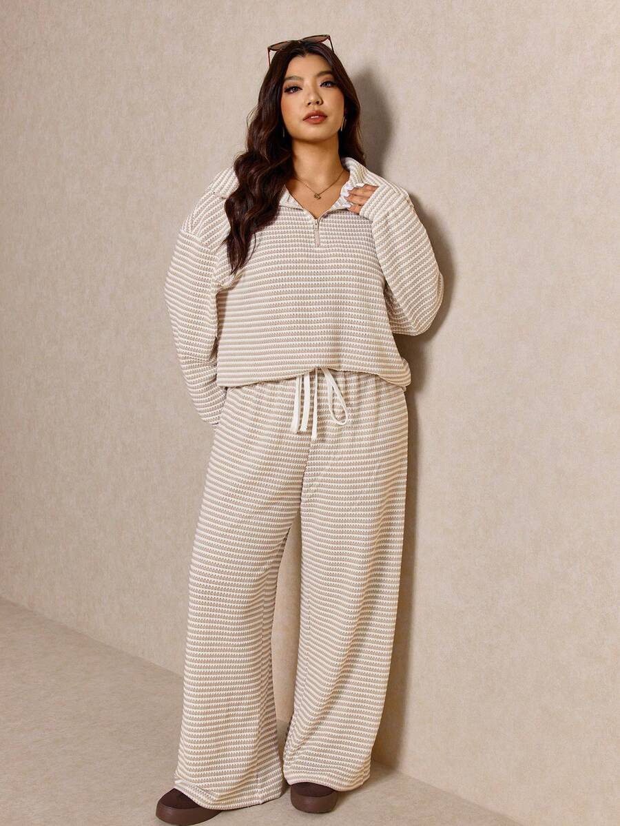 Elaquor Plus Size Women's Side Stripe Zipper Design Sweatshirt And Wide Leg Pants Casual Daily Going Out 2 Pieces Set For Women Fall/Winter Casual Work Sets