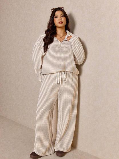 Elaquor Plus Size Women's Side Stripe Zipper Design Sweatshirt And Wide Leg Pants Casual Daily Going Out 2 Pieces Set For Women Fall/Winter Casual Work Sets