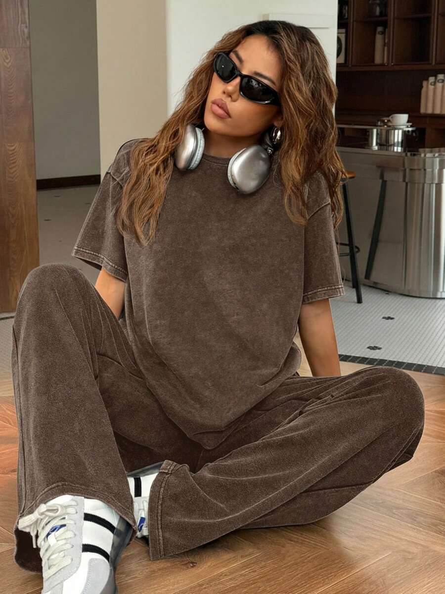 SHEIN EZwear Autumn/Winter Casual Homewear Set: Crew Neck Short Sleeve Top And Straight Leg Distressed Loose Pants
