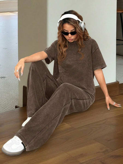 SHEIN EZwear Autumn/Winter Casual Homewear Set: Crew Neck Short Sleeve Top And Straight Leg Distressed Loose Pants