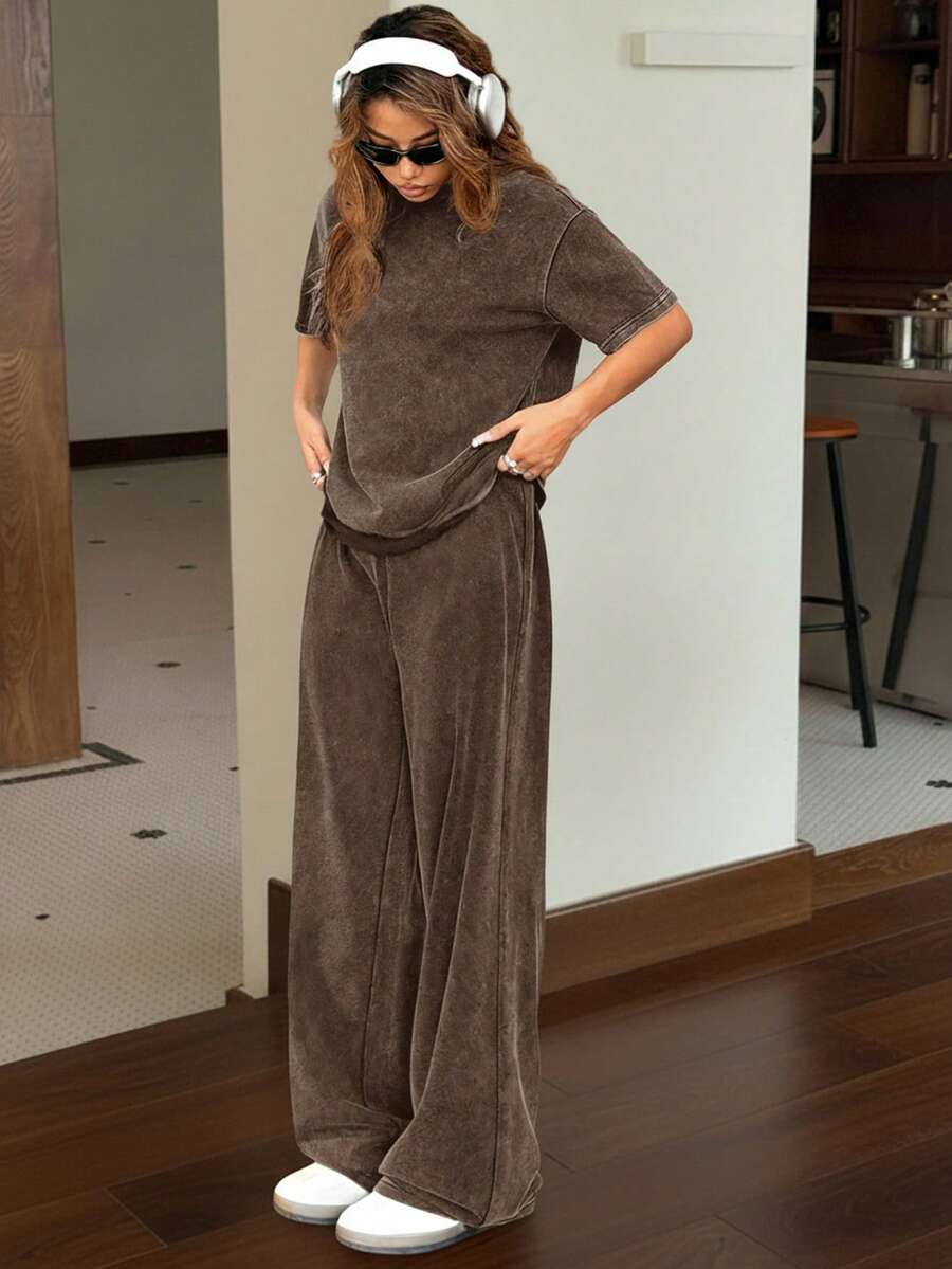 SHEIN EZwear Autumn/Winter Casual Homewear Set: Crew Neck Short Sleeve Top And Straight Leg Distressed Loose Pants