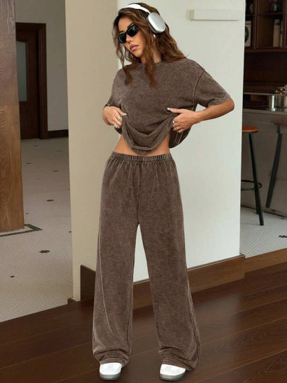 SHEIN EZwear Autumn/Winter Casual Homewear Set: Crew Neck Short Sleeve Top And Straight Leg Distressed Loose Pants