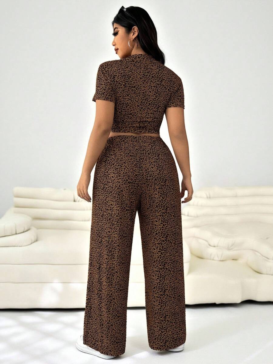 SHEIN EZwear Plus Size Retro Ruched Leopard Print Pants And T-Shirt Set