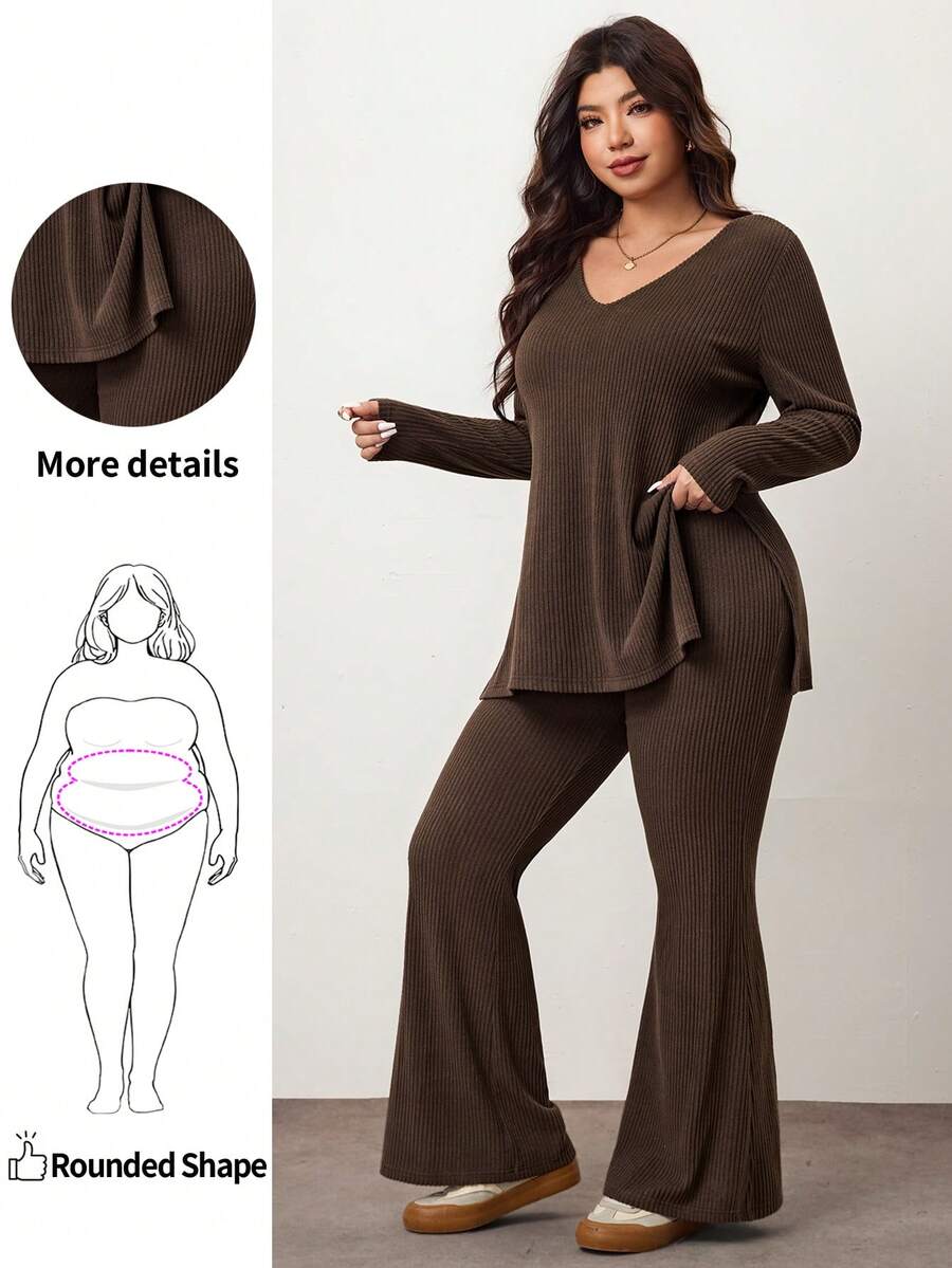 Enliva Plus Size Casual Home Wear 2 Pieces Set: Minimalist Off-Shoulder Ribbed Design, Suitable For Autumn/Winter, Flattering For Curvy Figures Fall