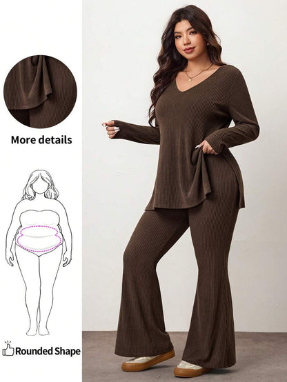 Enliva Plus Size Casual Home Wear 2 Pieces Set: Minimalist Off-Shoulder Ribbed Design, Suitable For Autumn/Winter, Flattering For Curvy Figures Fall