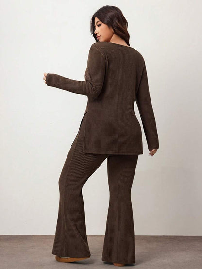 Enliva Plus Size Casual Home Wear 2 Pieces Set: Minimalist Off-Shoulder Ribbed Design, Suitable For Autumn/Winter, Flattering For Curvy Figures Fall