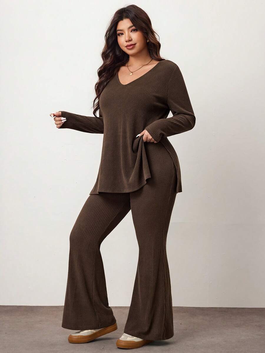 Enliva Plus Size Casual Home Wear 2 Pieces Set: Minimalist Off-Shoulder Ribbed Design, Suitable For Autumn/Winter, Flattering For Curvy Figures Fall