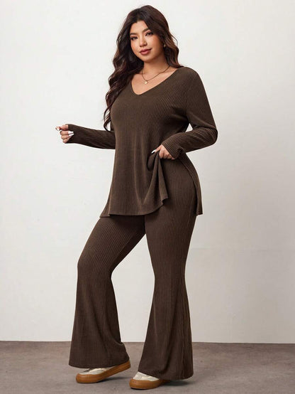 Enliva Plus Size Casual Home Wear 2 Pieces Set: Minimalist Off-Shoulder Ribbed Design, Suitable For Autumn/Winter, Flattering For Curvy Figures Fall