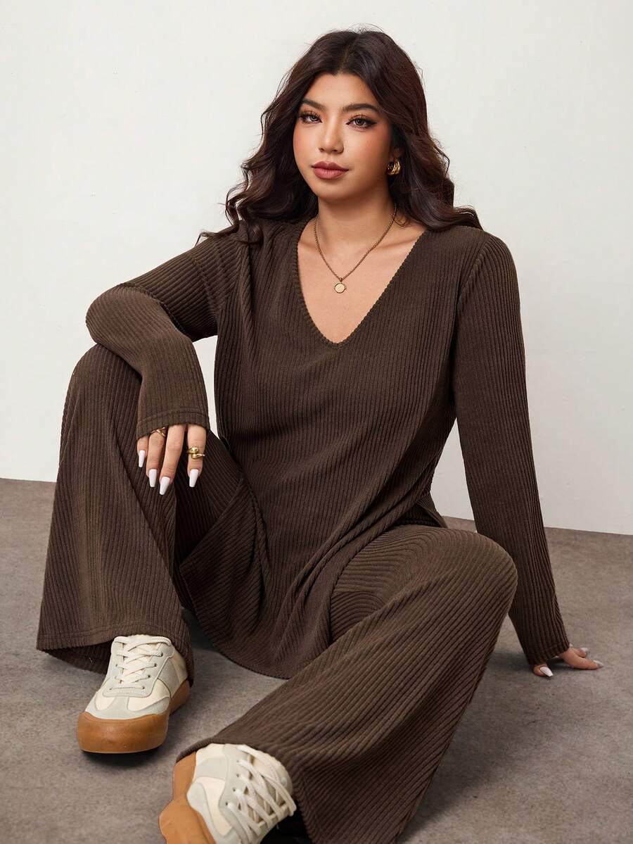 Enliva Plus Size Casual Home Wear 2 Pieces Set: Minimalist Off-Shoulder Ribbed Design, Suitable For Autumn/Winter, Flattering For Curvy Figures Fall