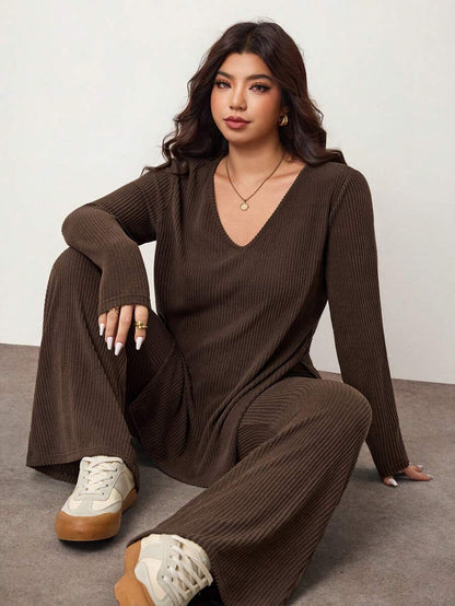 Enliva Plus Size Casual Home Wear 2 Pieces Set: Minimalist Off-Shoulder Ribbed Design, Suitable For Autumn/Winter, Flattering For Curvy Figures Fall