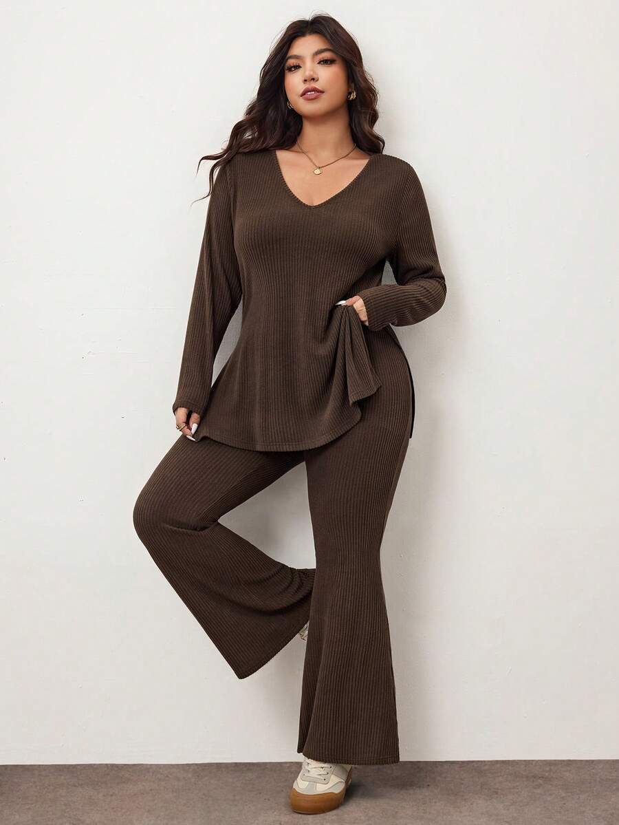 Enliva Plus Size Casual Home Wear 2 Pieces Set: Minimalist Off-Shoulder Ribbed Design, Suitable For Autumn/Winter, Flattering For Curvy Figures Fall