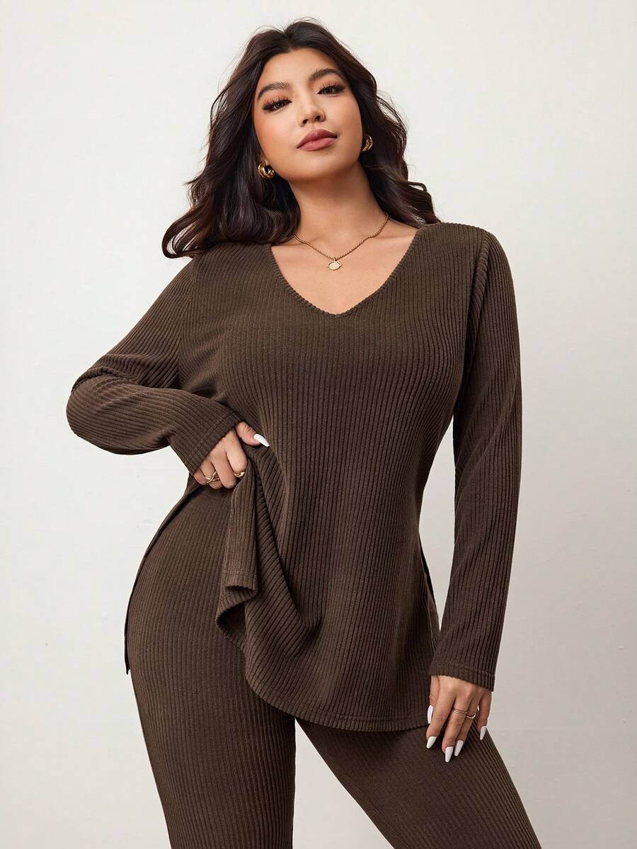 Enliva Plus Size Casual Home Wear 2 Pieces Set: Minimalist Off-Shoulder Ribbed Design, Suitable For Autumn/Winter, Flattering For Curvy Figures Fall