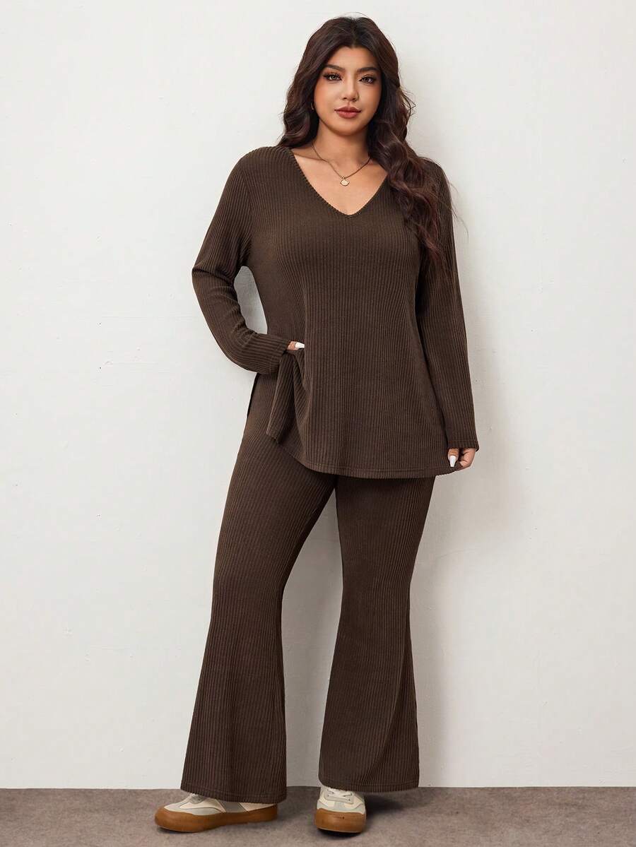 Enliva Plus Size Casual Home Wear 2 Pieces Set: Minimalist Off-Shoulder Ribbed Design, Suitable For Autumn/Winter, Flattering For Curvy Figures Fall