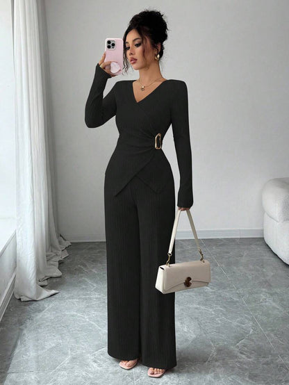 Elenzga 2pcs/Set Women's Elegant Commuter Beige Fall Winter Tea Party Solid Cross V-Neck Long Sleeve T-Shirt With Metal Buckle & Wide Leg Elastic Waist Pants