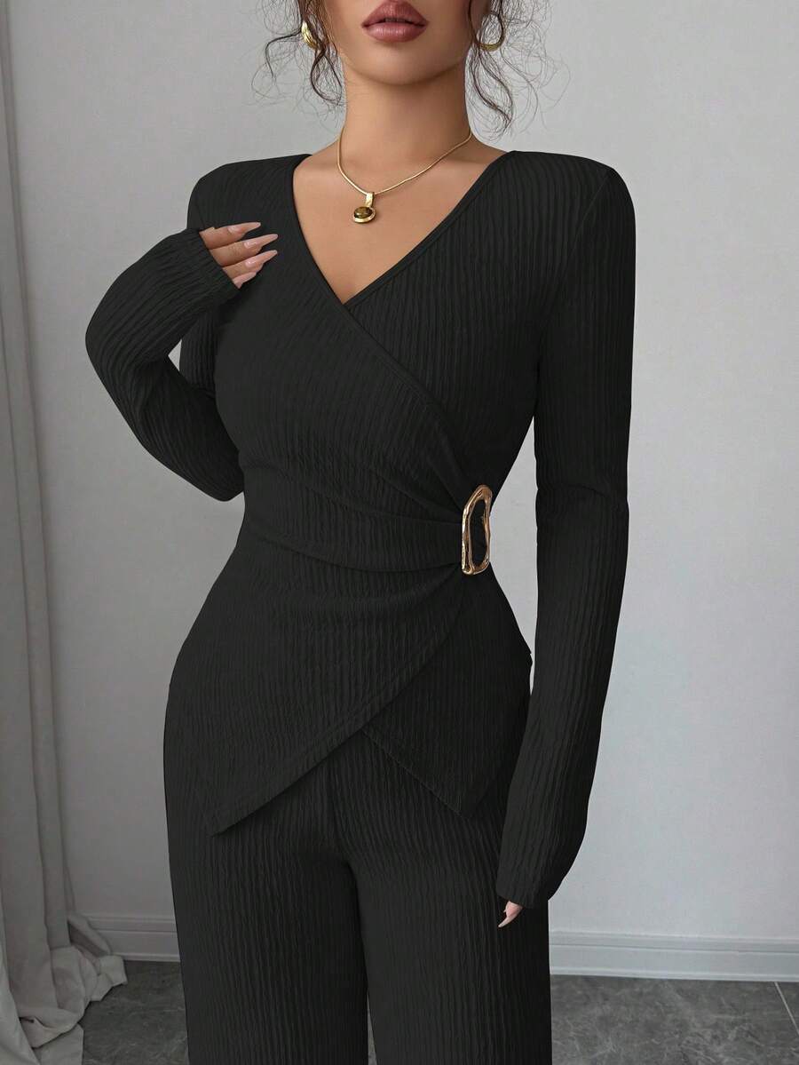 Elenzga 2pcs/Set Women's Elegant Commuter Beige Fall Winter Tea Party Solid Cross V-Neck Long Sleeve T-Shirt With Metal Buckle & Wide Leg Elastic Waist Pants