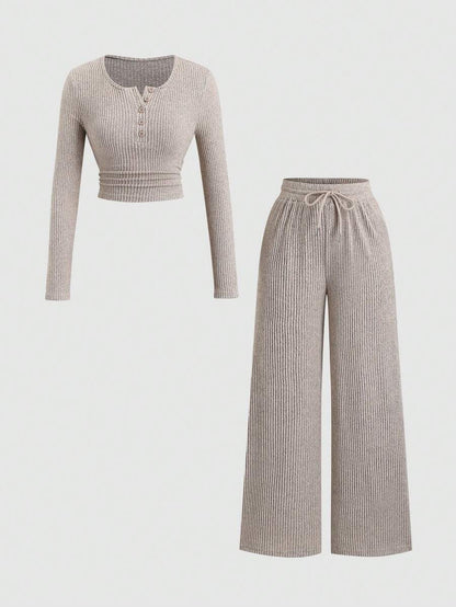 Sweetra Women's Coffee Brown 2-Piece Set,Fall Winter Casual Loungewear Plush Ribbed Fabric Ruched Design Adjustable Waistband Textured Solid Color Outfits