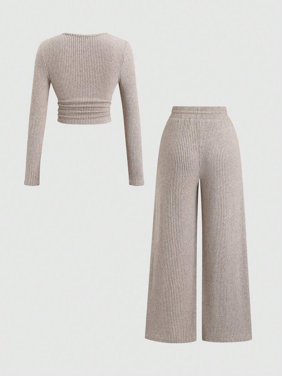 Sweetra Women's Coffee Brown 2-Piece Set,Fall Winter Casual Loungewear Plush Ribbed Fabric Ruched Design Adjustable Waistband Textured Solid Color Outfits