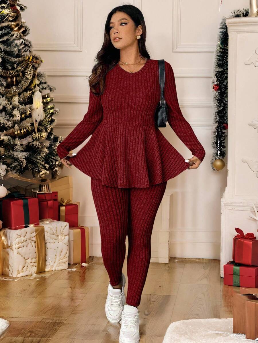 Vionelle Plus Size Navy Blue Winter Women's Knit 2 Pieces Set,Smart Casual Everyday Ruffle Trim Round Neck Long Sleeve Top And Skinny Pants Comfy Lounge Sets