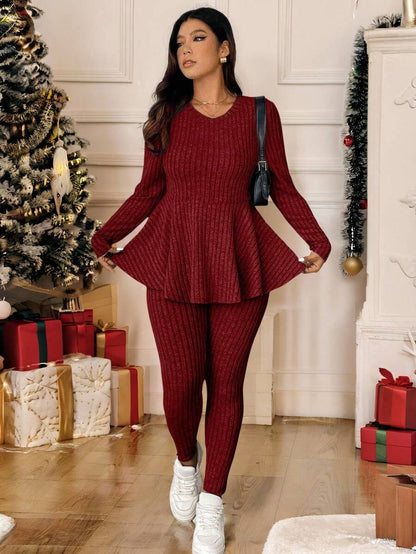 Vionelle Plus Size Navy Blue Winter Women's Knit 2 Pieces Set,Smart Casual Everyday Ruffle Trim Round Neck Long Sleeve Top And Skinny Pants Comfy Lounge Sets