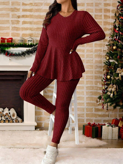 Vionelle Plus Size Navy Blue Winter Women's Knit 2 Pieces Set,Smart Casual Everyday Ruffle Trim Round Neck Long Sleeve Top And Skinny Pants Comfy Lounge Sets