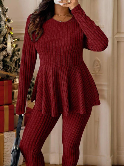 Vionelle Plus Size Navy Blue Winter Women's Knit 2 Pieces Set,Smart Casual Everyday Ruffle Trim Round Neck Long Sleeve Top And Skinny Pants Comfy Lounge Sets