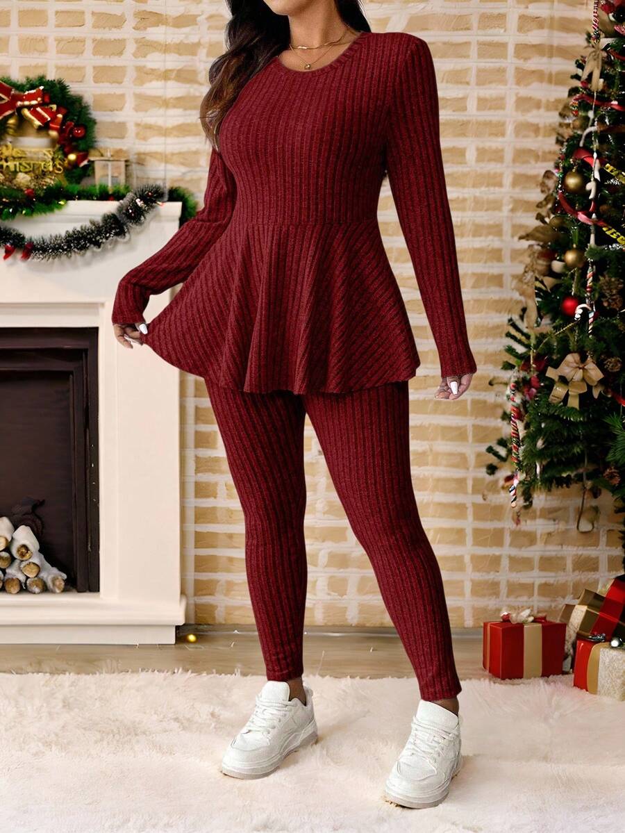 Vionelle Plus Size Navy Blue Winter Women's Knit 2 Pieces Set,Smart Casual Everyday Ruffle Trim Round Neck Long Sleeve Top And Skinny Pants Comfy Lounge Sets