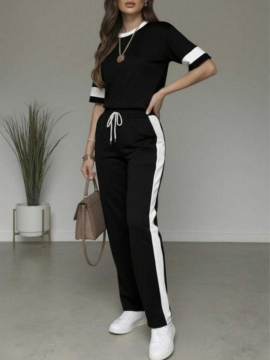 Spring/Summer Women's Casual Matching Contrast Color Round Neck Short Sleeve Top And High Waist Drawstring Straight Leg Pants 2 Pieces Set Elegant