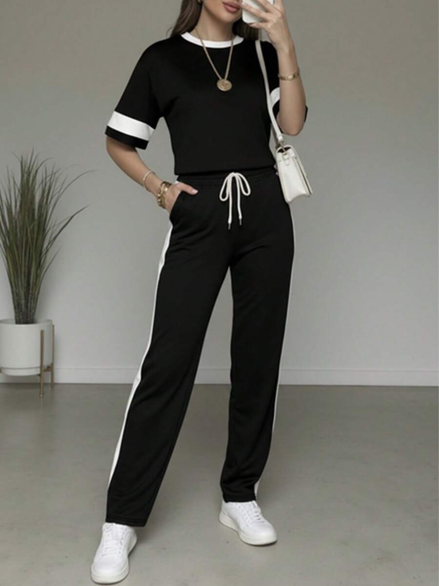 Spring/Summer Women's Casual Matching Contrast Color Round Neck Short Sleeve Top And High Waist Drawstring Straight Leg Pants 2 Pieces Set Elegant