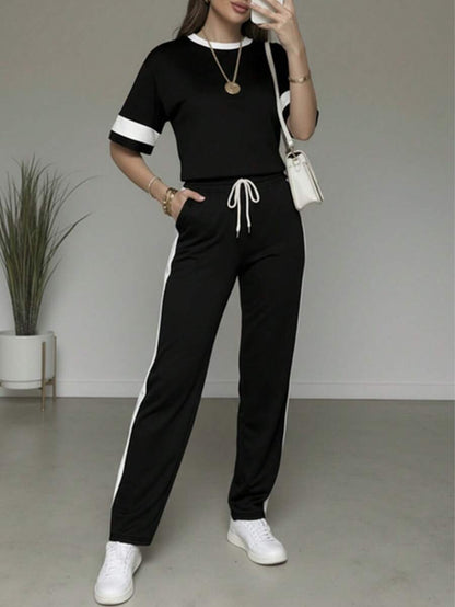 Spring/Summer Women's Casual Matching Contrast Color Round Neck Short Sleeve Top And High Waist Drawstring Straight Leg Pants 2 Pieces Set Elegant