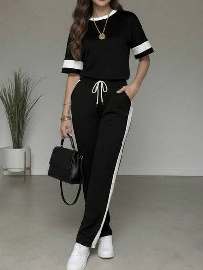Spring/Summer Women's Casual Matching Contrast Color Round Neck Short Sleeve Top And High Waist Drawstring Straight Leg Pants 2 Pieces Set Elegant